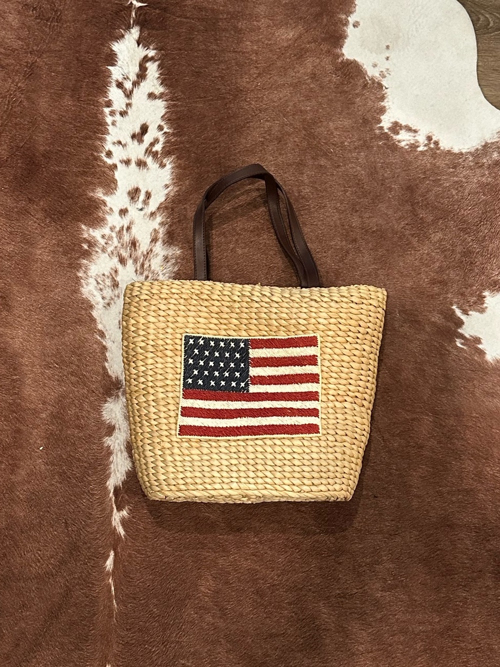 Natural Straw Tote with American Flag Patch and Brown Straps